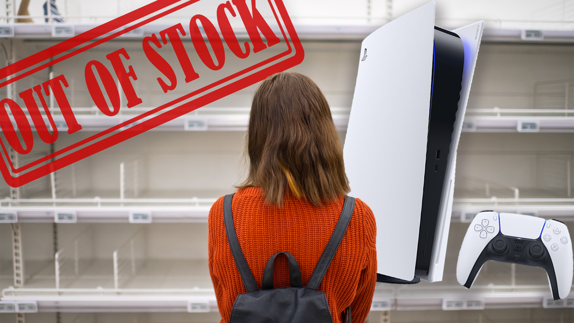 girl looking at empty store shelves with PS5 and Out of stock composited around her