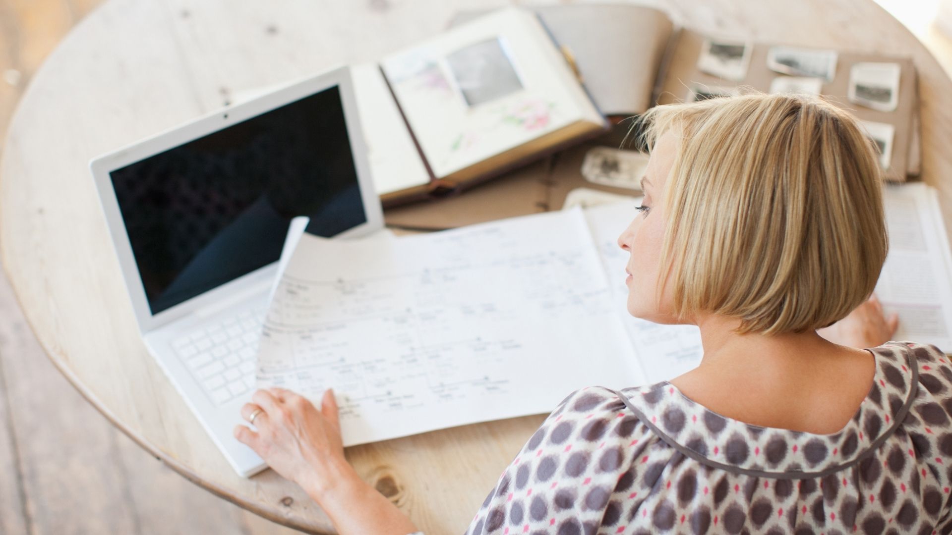 Woman at table looking at genealogical tree stock photo