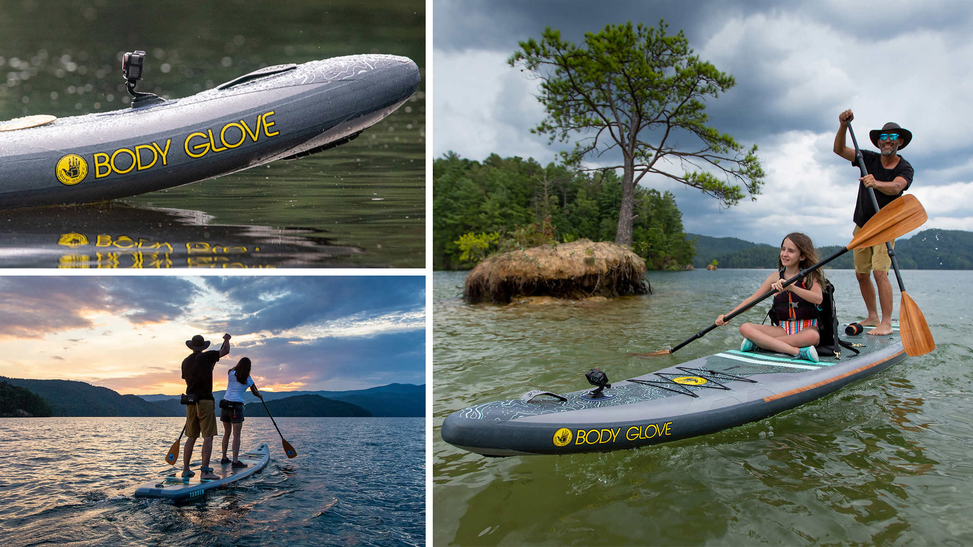 family on Body Glove Tandem 15 Inflatable 2 Person Paddleboard on lake at sunset