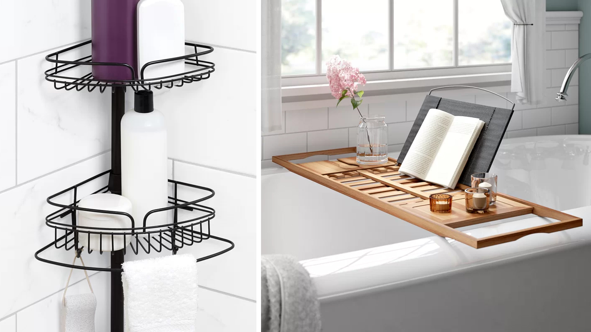Organize all of your shower accessories and bamboo bath tray cute