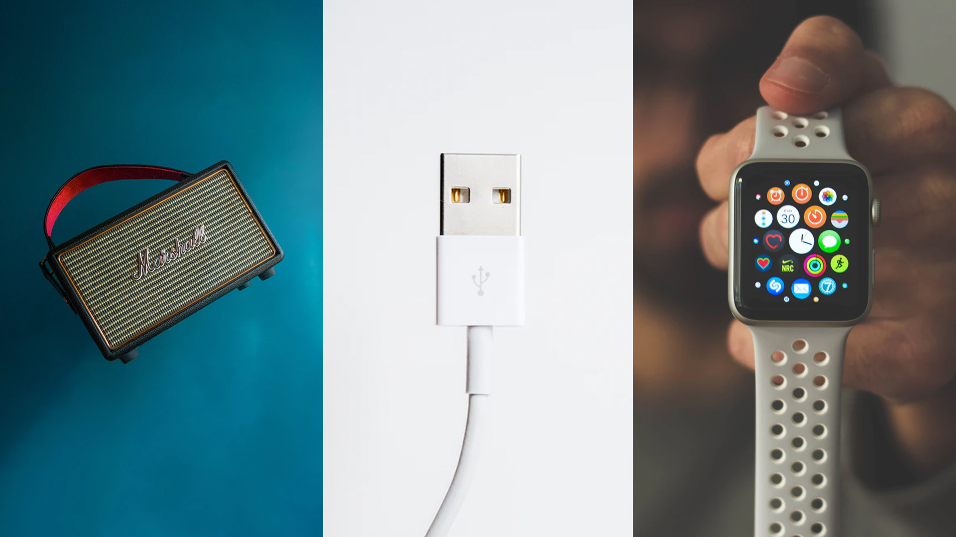 marshall bluetooth speaker apple watch and apple usb cable on various color backgrounds