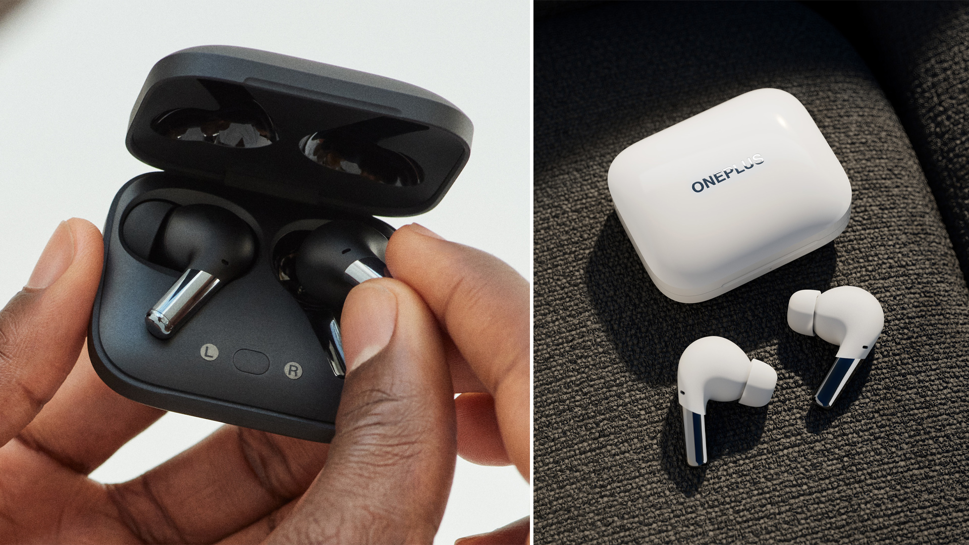 oneplus buds pro in white and black hand holding them