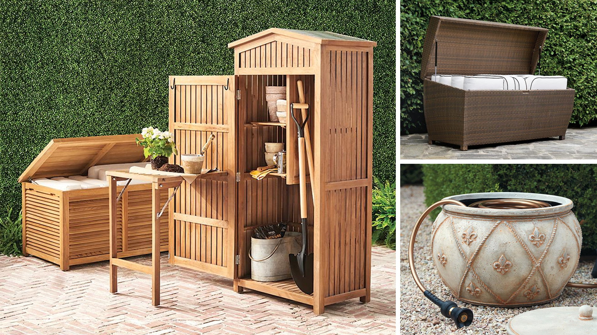 various patio furniture shed storage chest and pot for water hose on back patio with shrubs
