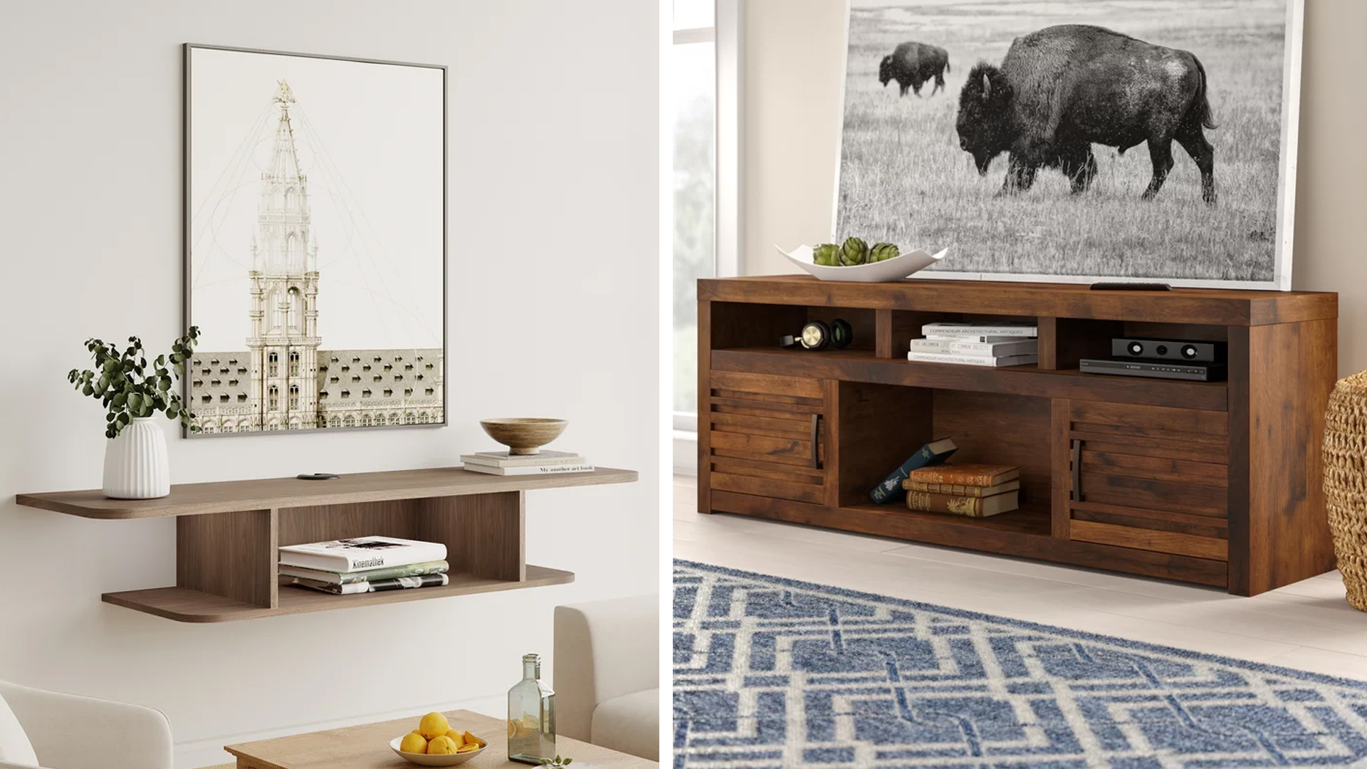 two different tv stands one floating one wood in rooms during sunny day