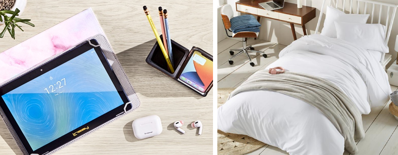 college essentials tablet airpods and pencils and bedroom comforter_