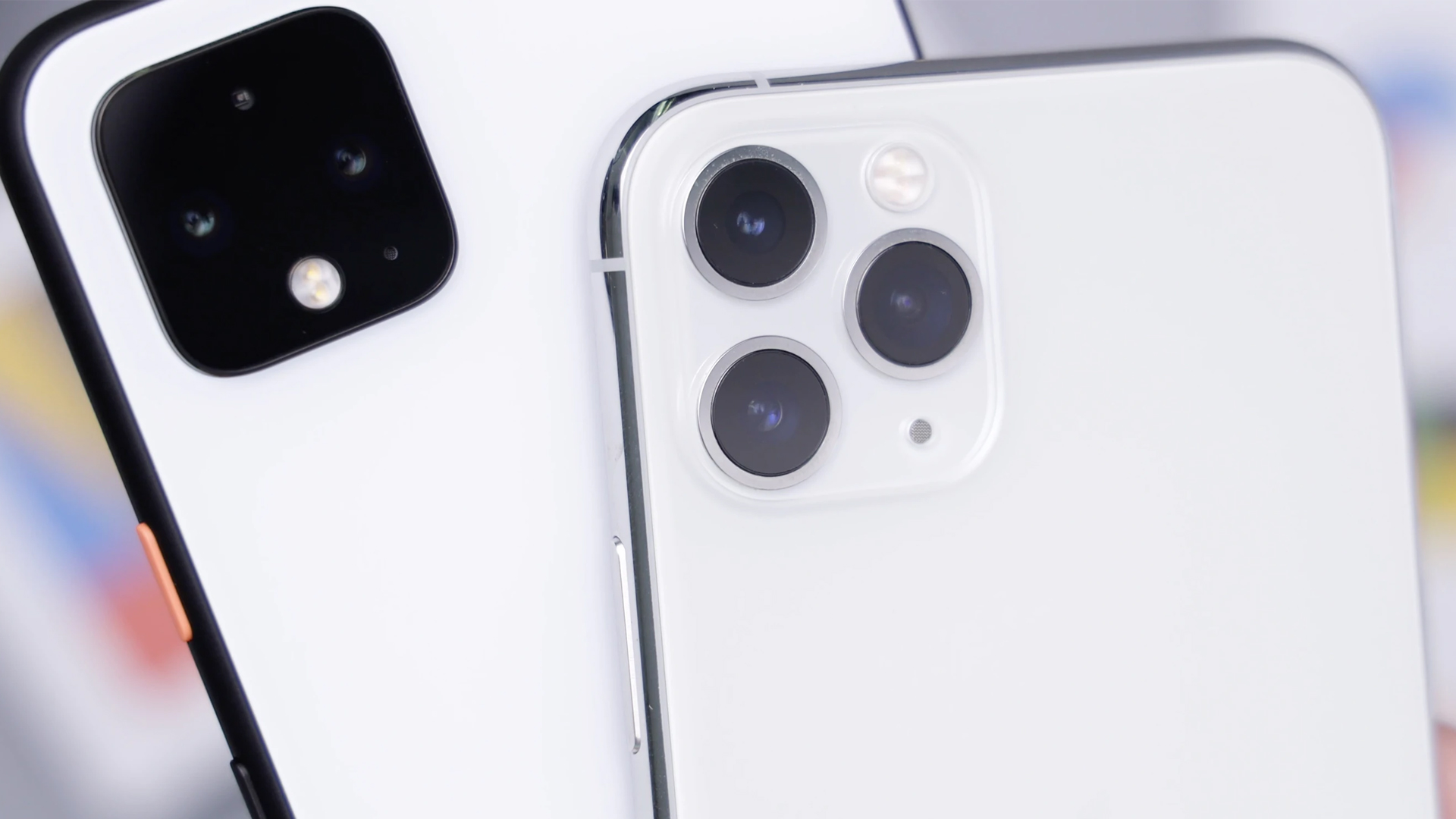 white google pixel and white iphone on blurred background macro