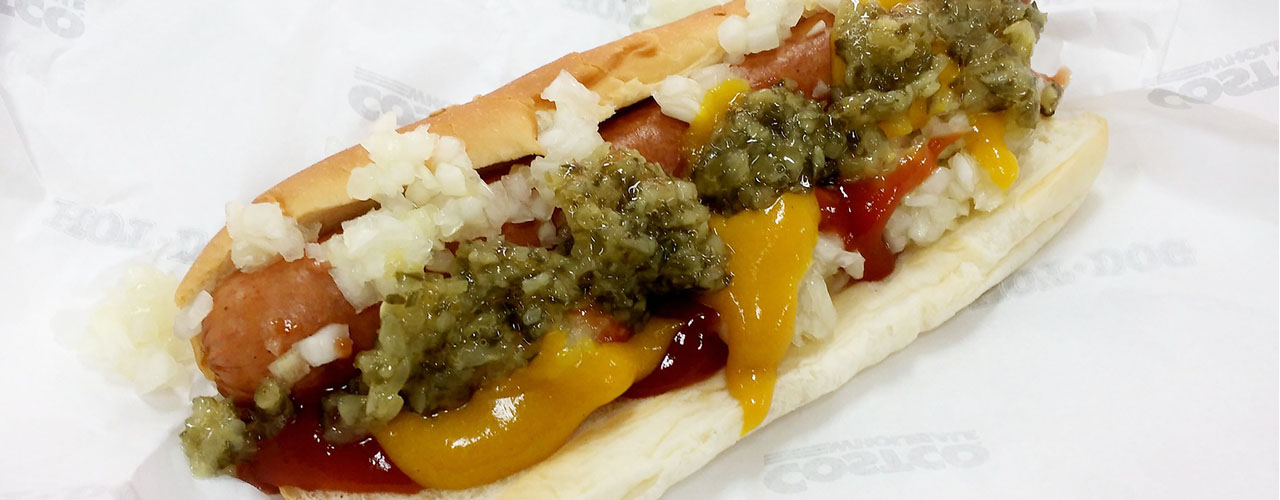 hot dog with toppings at Costco