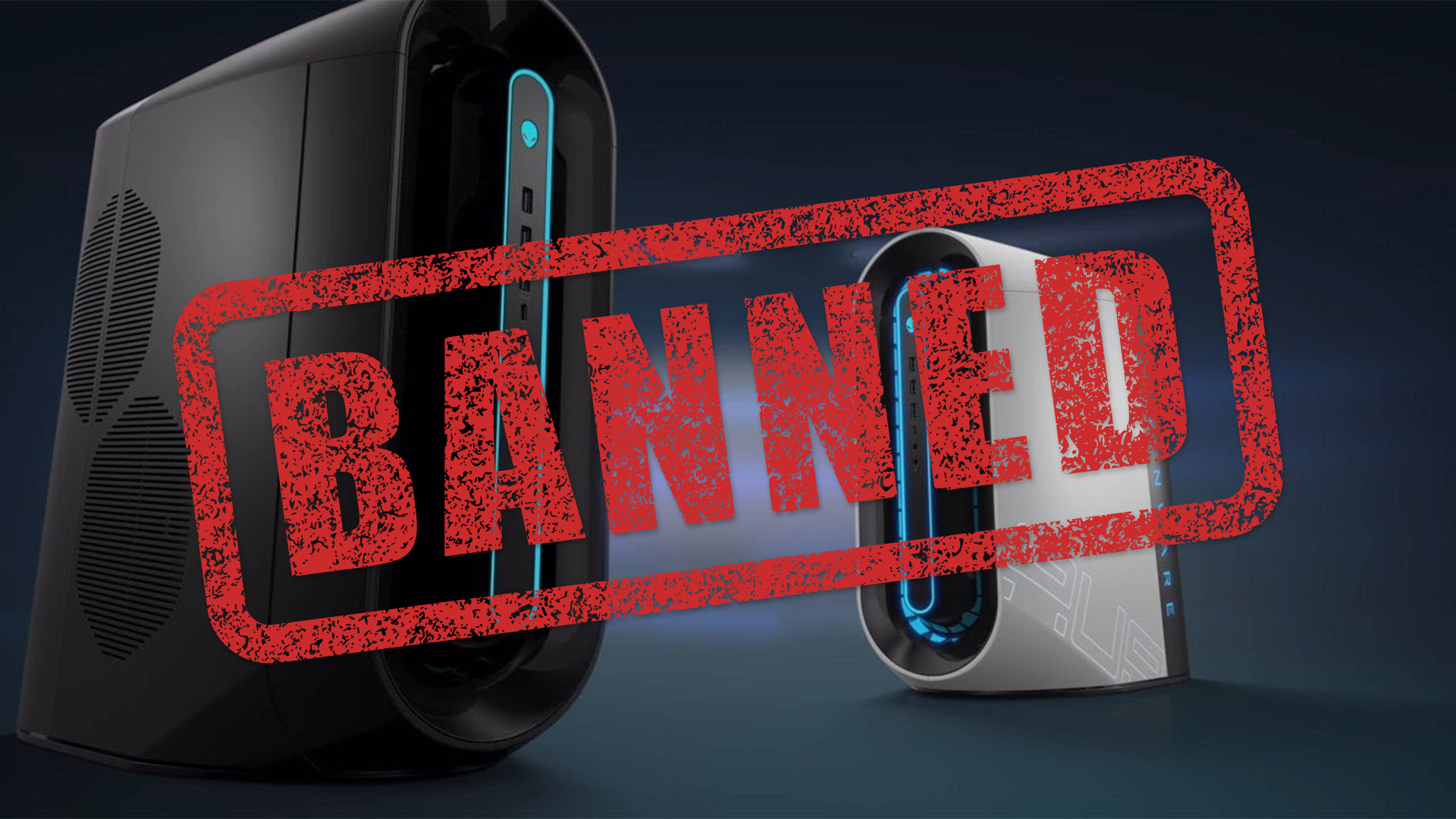 alienware r12 in white and black with banned text on top