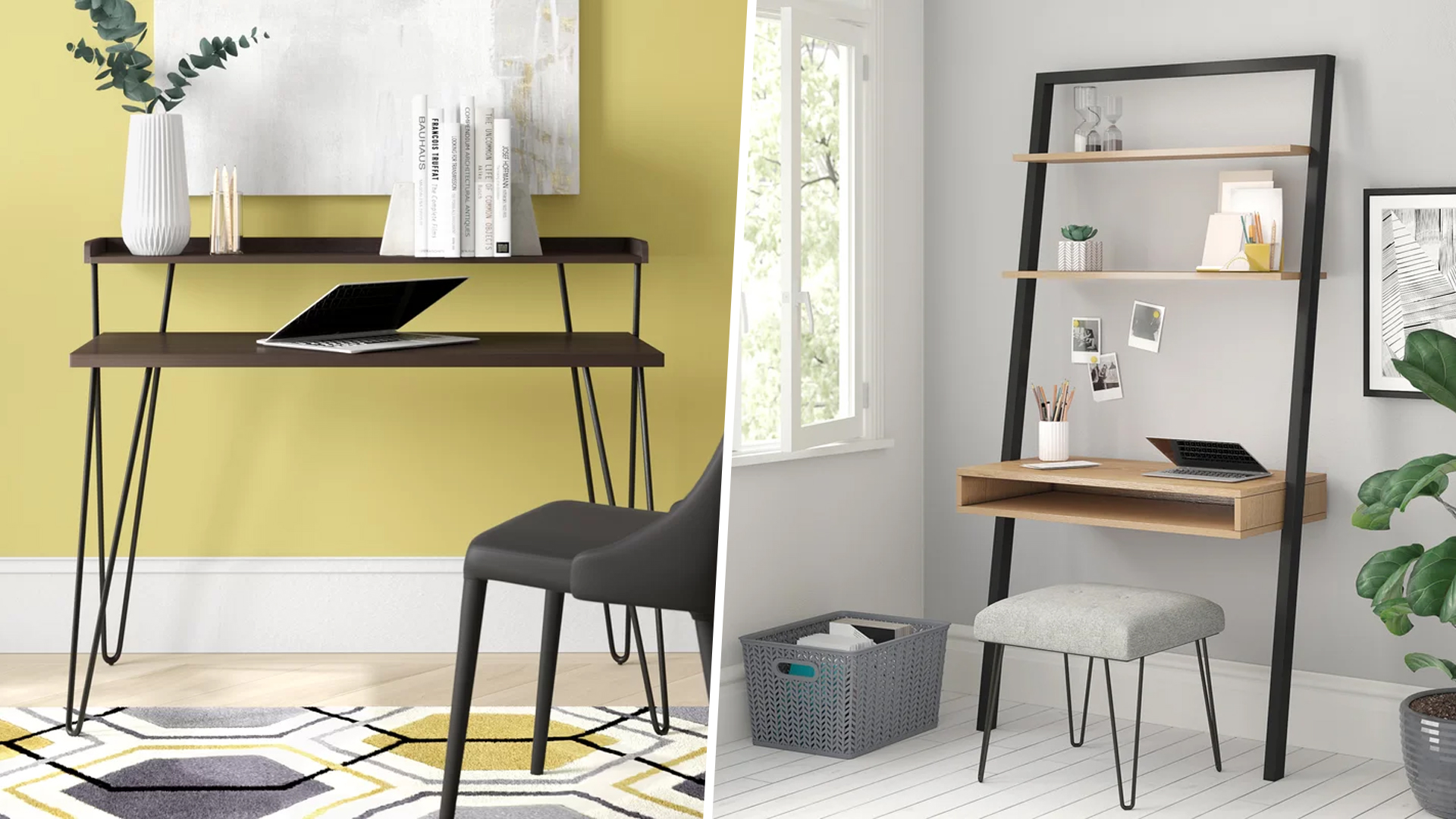 wayfair two desk one wood and metal and one leaning on grey and yellow walls