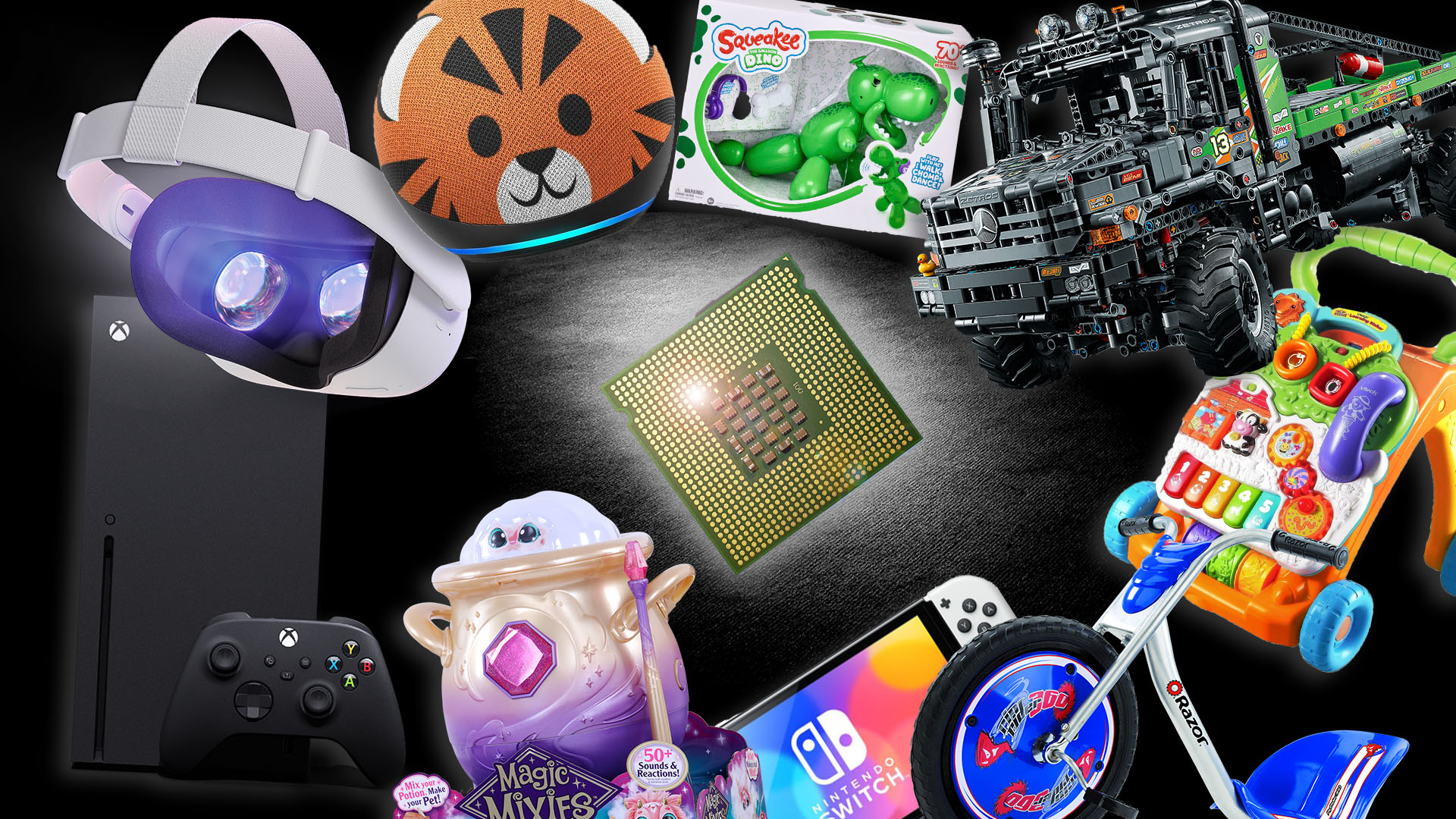 holiday toys and computer chip