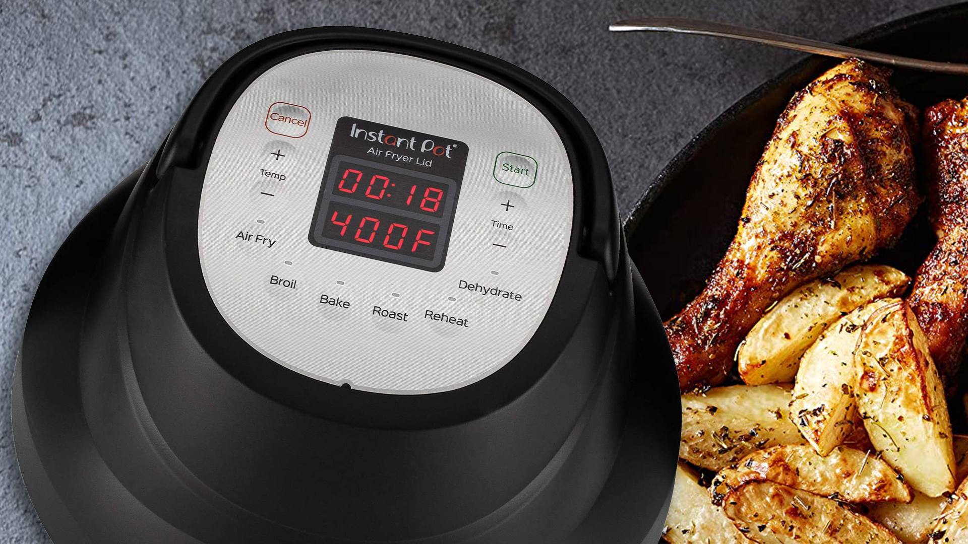 Instant Pot Lid over roasted chicken and potatoes