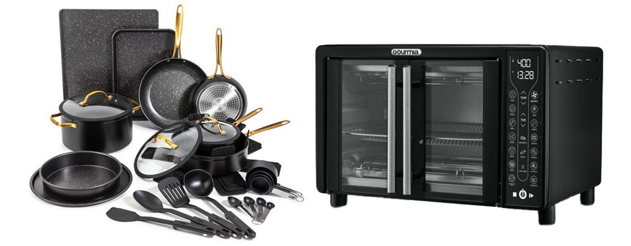 Thyme & Table Non-Stick Cookware & Bakeware, Gold, 28-Piece Set and Gourmia Digital French Door Air Fryer