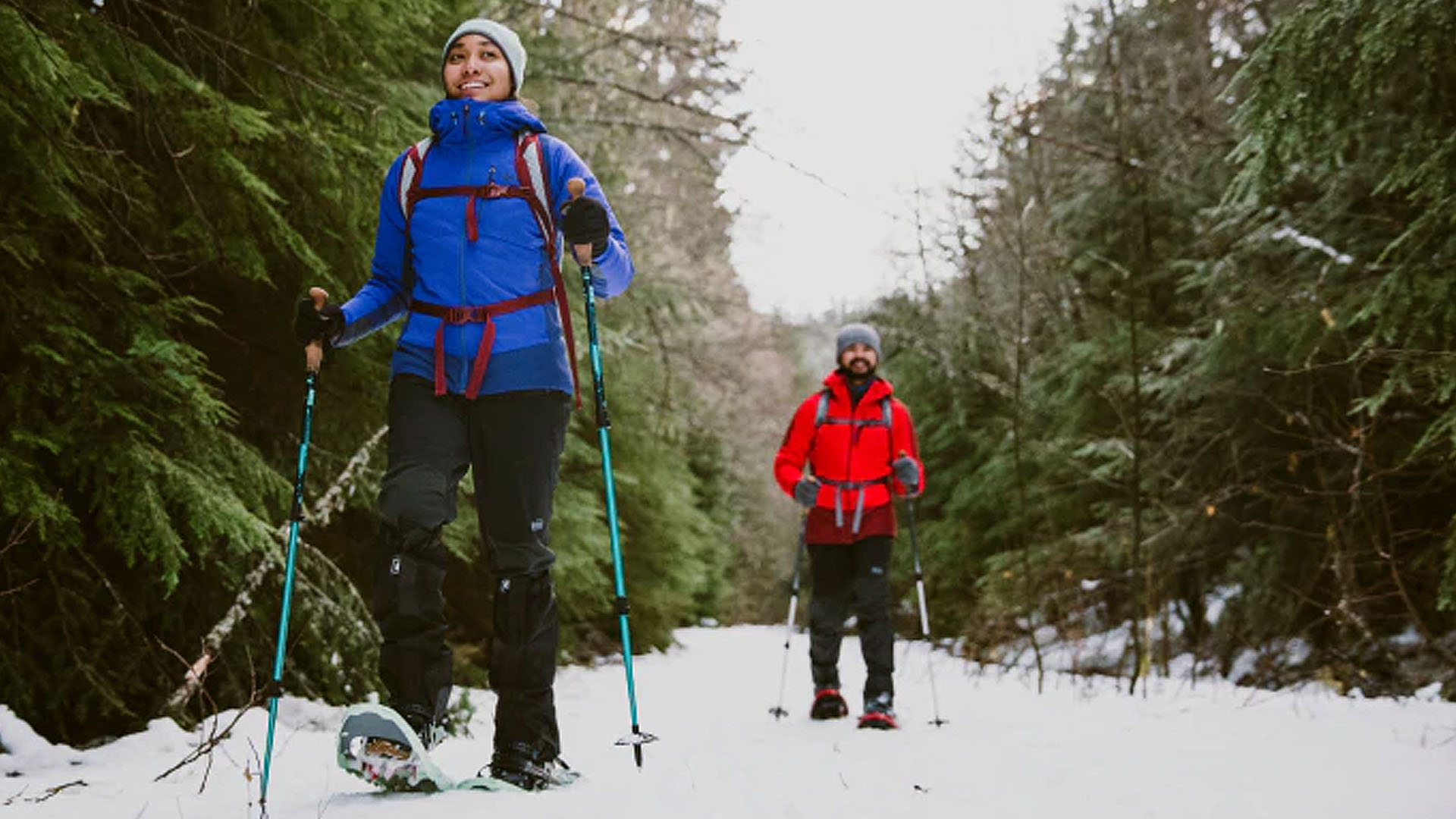 woman and man cross country skiing