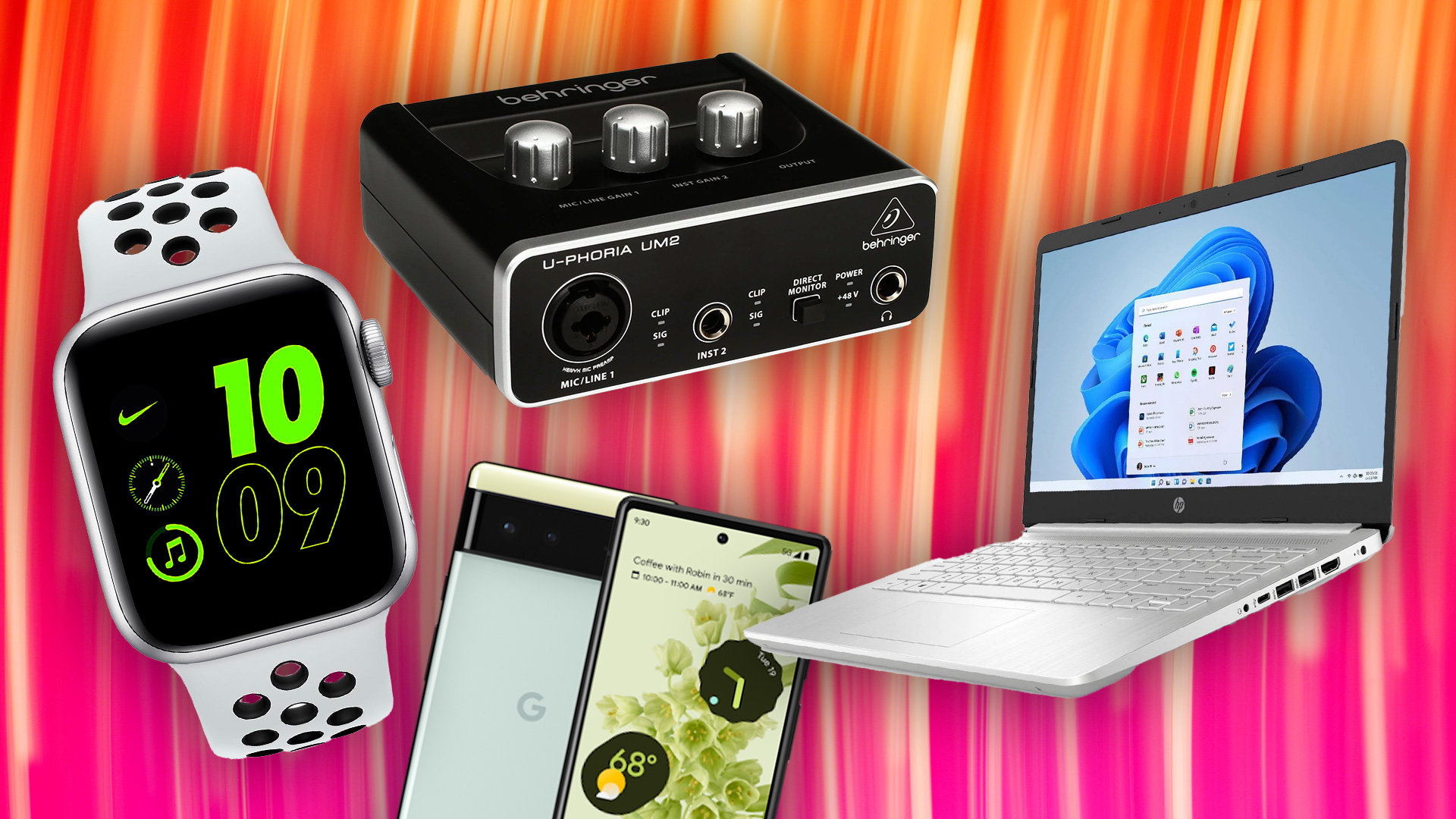 nike apple watch, google pixel 6, HP Laptop and behringer audio interface on colorful background