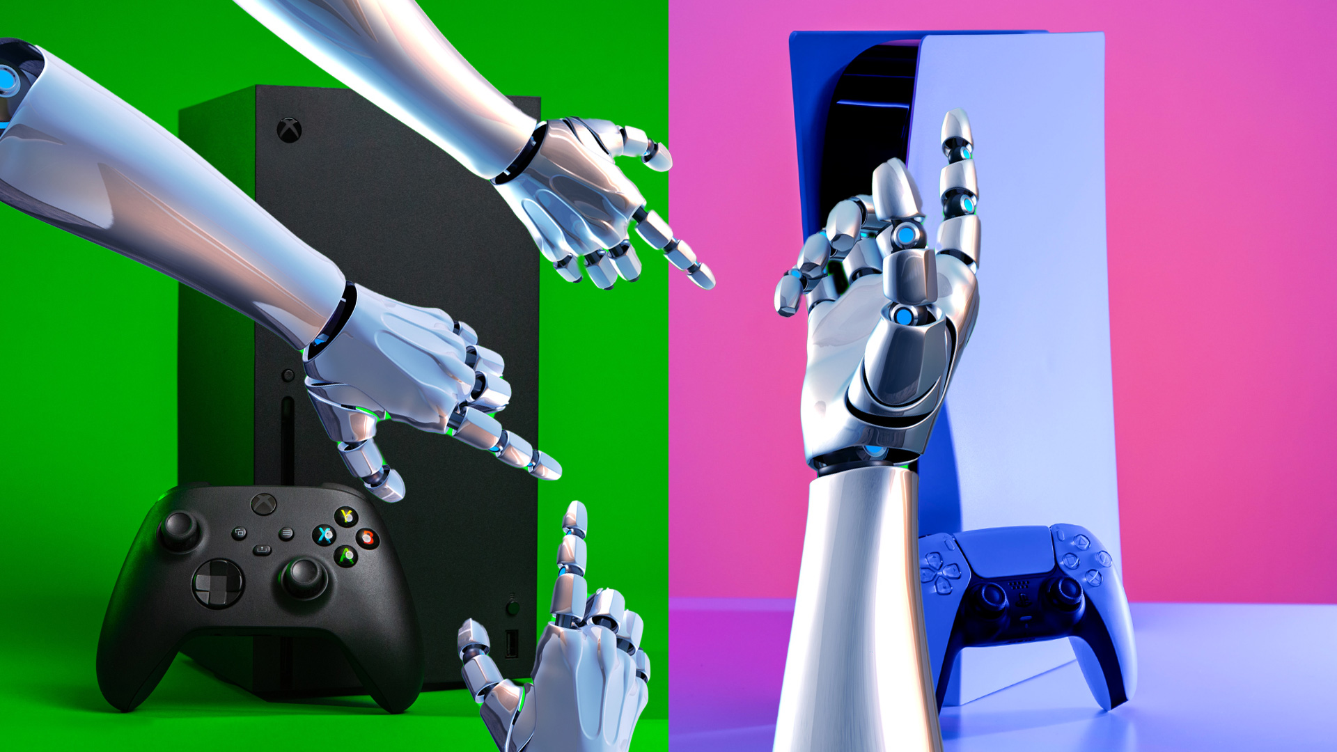 scalpers robot hands reaching for xbox and playstation