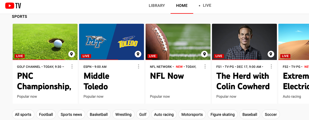 YouTube TV sports