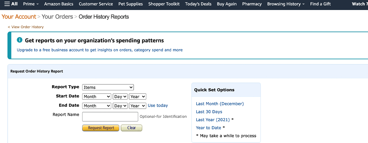 amazon prime order history report