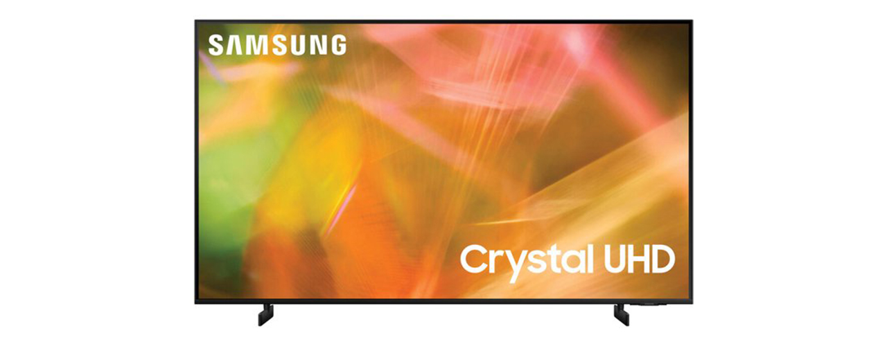 Samsung UN43AU8000 43 Inch 4K Crystal UHD Smart LED TV (2021) Bundle with Deco Home 60W 2.0 Channel Soundbar, 37-70 inch TV Wall Mount Bracket Bundle and 6-Outlet Surge Adapter